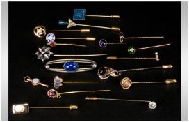 Mixed Lot Of Stick Pins, Tie Pins To Include 18ct Enamel, Base Metal, White Metal , Yellow Metal,