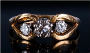 18ct Gold Diamond Ring Set With 3 Old Cut Diamonds In An Openwork Setting, Stamped 18ct, Ring Size