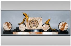 Art Deco 3 Tone Marble Garniture Clock Set Circa 1930`s. Clock 23.5`` in width, 8.75`` in height,