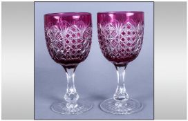Bohemian Ruby Cut Glass Pair of Goblets, of unusually large size, the bowls in ruby flashed glass,