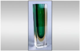 Murano Studio Art Vase, Emerald green and clear colourway. Stands 9.75`` in height.
