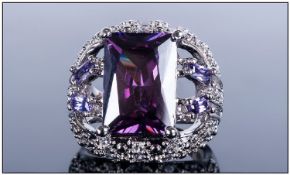 Ladies Emerald Cut Amethyst & Topaz Dress Ring, Unmarked, Tests Silver, Ring Size N