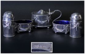 Mappin and Webb 5 Piece Silver Open Worked Cruet Set, with Swags and Garlands Decoration In The