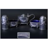 Mappin and Webb 5 Piece Silver Open Worked Cruet Set, with Swags and Garlands Decoration In The