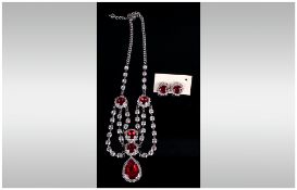 Ruby Red and White Crystal Edwardian Style Necklace and Earrings Set, the necklace comprising a