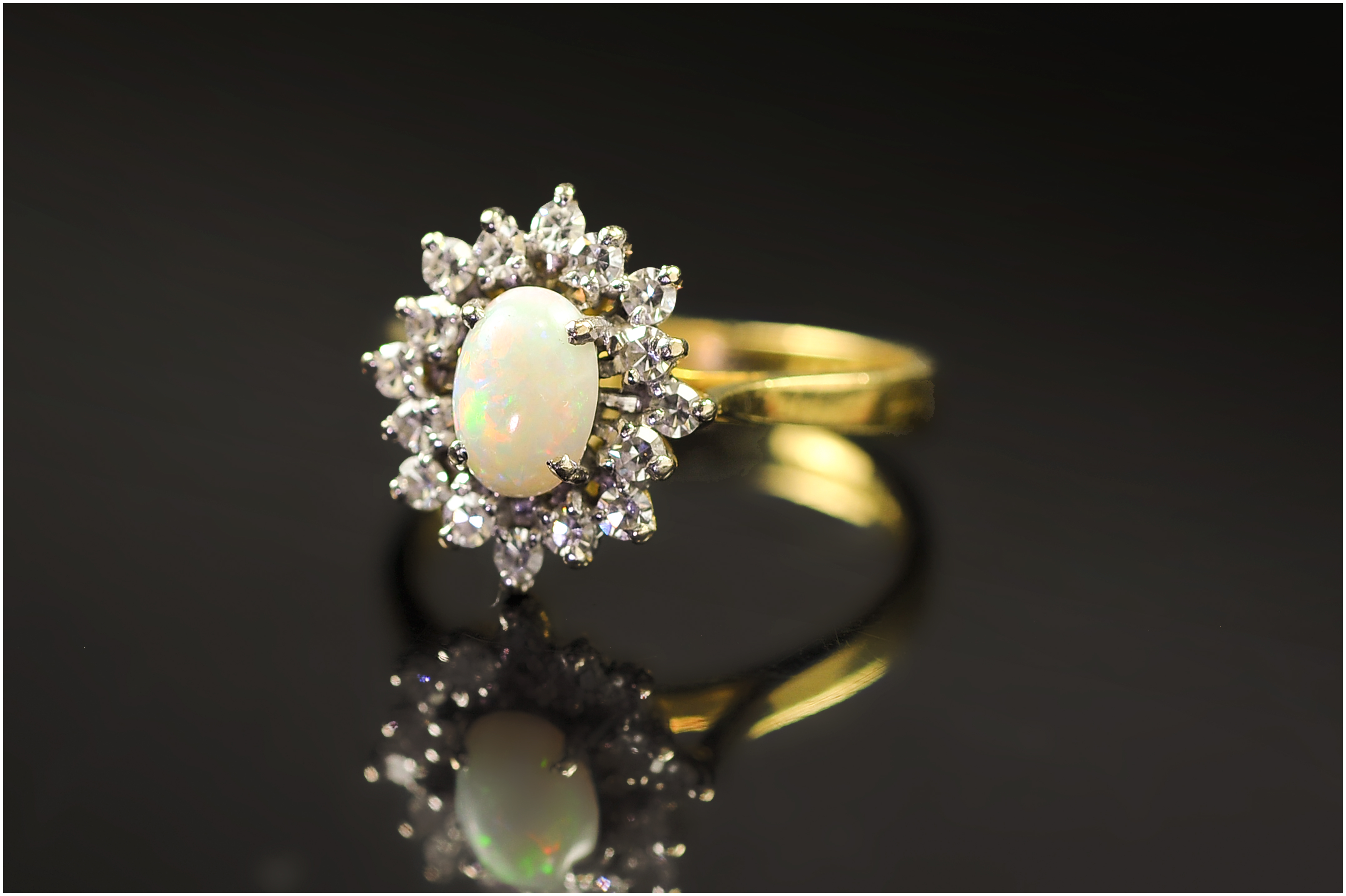 18ct Gold Diamond Dress Ring, Set With A Central Opal Surrounded By Round Cut Diamonds, Fully