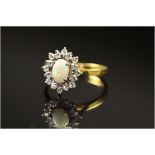 18ct Gold Diamond Dress Ring, Set With A Central Opal Surrounded By Round Cut Diamonds, Fully