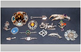 A Collection of Vintage Silver and White Metal Brooches. ( 13 ) In Total. Various Subjects and