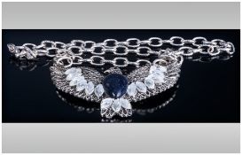 Blue Sandstone and White Crystal Eagle Bib Necklace, a pear cut cabochon blue sandstone, also called