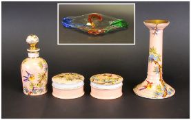 Ladies Ceramic Dressing Table Set, bird and floral decoration on peach ground. Together with Swirl