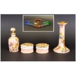 Ladies Ceramic Dressing Table Set, bird and floral decoration on peach ground. Together with Swirl