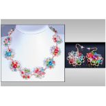 Butler & Wilson Style Multicolour Floral Necklace and Earrings, artisan made gilt wirework 'flowers'