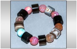 Banded and Crackled Agate Bracelet, round, faceted, multicolour agates alternating with drum shaped,