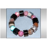 Banded and Crackled Agate Bracelet, round, faceted, multicolour agates alternating with drum shaped,