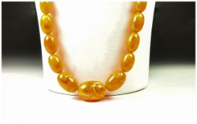Graduated Bead Necklace, Orange Marbled Beads, Gilt Screw Clasp, Length 30 Inches