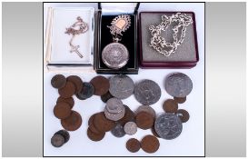 Mixed Lot Of Oddments Comprising Low Value Coins, Silver Chain, Ladies Fob Watch, Silver Fob Etc.