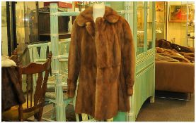 Ladies Three Quarter Length Fitted Mid Brown Mink Coat, Fully lined,. Collar With revers. Hook &