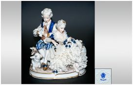 Unter Weiss Bach Lace Group Figure ' A Young Couple ' In 18th Century Costume and Playing a