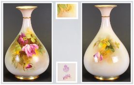 Royal Worcester Hand Painted Bulbous and Fine Shaped Vase, Stillife ' Roses ' Signed W. Hart. Stands