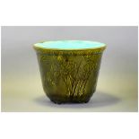 George Jones Style Planter / Cache pot Bamboo and Stork Pattern, Turquoise Interior. Height 5.5