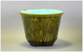 George Jones Style Planter / Cache pot Bamboo and Stork Pattern, Turquoise Interior. Height 5.5