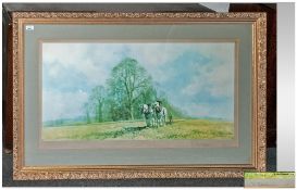 A Large Signed Print by David Shepherd. 'Two Cart Horses Ploughing in an Open Landscape'. Pencil