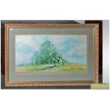 A Large Signed Print by David Shepherd. 'Two Cart Horses Ploughing in an Open Landscape'. Pencil