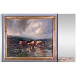 Wilton Morley Oil On Canvas Of Highland Cattle Wading Through A Brook, with a storm in the skys