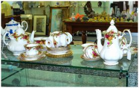 Royal Albert Old Country Roses Tea Set. Comprising Tea Pot,  Milk Jug, Sugar Bowl, and Six Cups