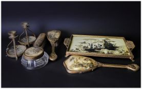 Oriental Style Dressing Table Set c 1930's. With gilded metal and Japanese decorated scenes to