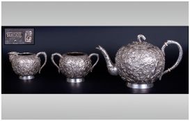 Wang Hing & Company Chinese Export 3 Piece Tea Service cira 1890 Of Globular Form With Embossed