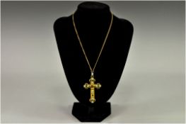 19th Century Gold Coloured Cross Set with Turquoises and Garnets, Unmarked. Fitted To a 9ct Gold