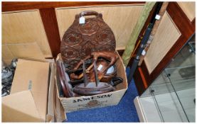Miscellaneous Box Of Wooden Items To Include Anglo Indian Tray, African Type Bowl & Cover With