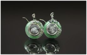 Pair Of Silver & Jadeite Drop Earrings, With Central Glazed Spinners Complete With Fitted Box