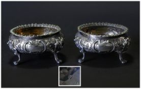 Early Victorian Pair of Ornate Silver Salts, Raised on Lions Paw Feet, Beaded Boarders, Vacant