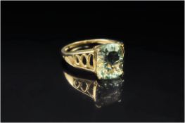 9ct Gold Dress Ring, Set With A Fancy Cut Blue/Green Stone (Possibly Citrine) Fully Hallmarked, Ring