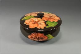 Moorcroft Large and Modern Tube lined Lidded Powder Bowl ' Coral Hibiscus ' Design on Chocolate