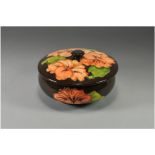 Moorcroft Large and Modern Tube lined Lidded Powder Bowl ' Coral Hibiscus ' Design on Chocolate