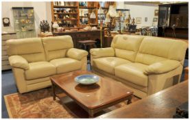 Pair of Cream Contemporary Leather Sofas, probably Italian leather. 58 and 68 inches wide.