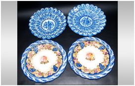 Two Pairs Of Decorative Blue & White Plates, with scalloped edging. One with floral decoration,
