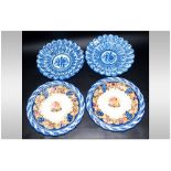 Two Pairs Of Decorative Blue & White Plates, with scalloped edging. One with floral decoration,