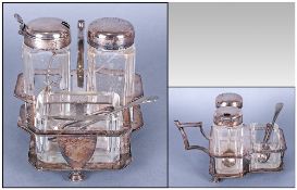 Christopher Dresser Style/Design Silver Plated Cruet Set & Stand. Circa 1900, 5'' in width. 3.25''