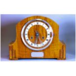 Walnut Cased Mantle Clock, inner chrome chapter ring. Roman Numerals, Plaque to front. 9'' in