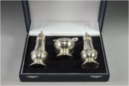 A Boxed Three Piece Silver Cruet Set. Hallmark Birmingham 1977. Excellent Condition. 111 grams.