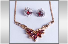 withdrawn 9ct Gold Garnet & Diamond Necklace Together With 9ct Gold Garnet Earrings.