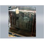 Large Smoky Brown Glass Window with a deep engraving of The Taj Mahal. 43 by 46 inches.
