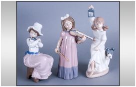 Nao By Lladro Set Of Three Figures, 'Nina Violin', 'Camison Con Linterna' (Nightgown with