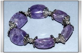 Amethyst Large Bead Bracelet, smooth, ovoid, large amethysts with decorative bead ends and small