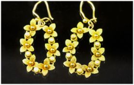 Pair Of Ladies 15ct Gold Earrings, Of Floral Reticulated Design, Realistically Modelled.