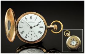 Waltham 10ct Gold Plate Pocket Watch, Full Hunter With Acrylic Window Surrounded By Roman